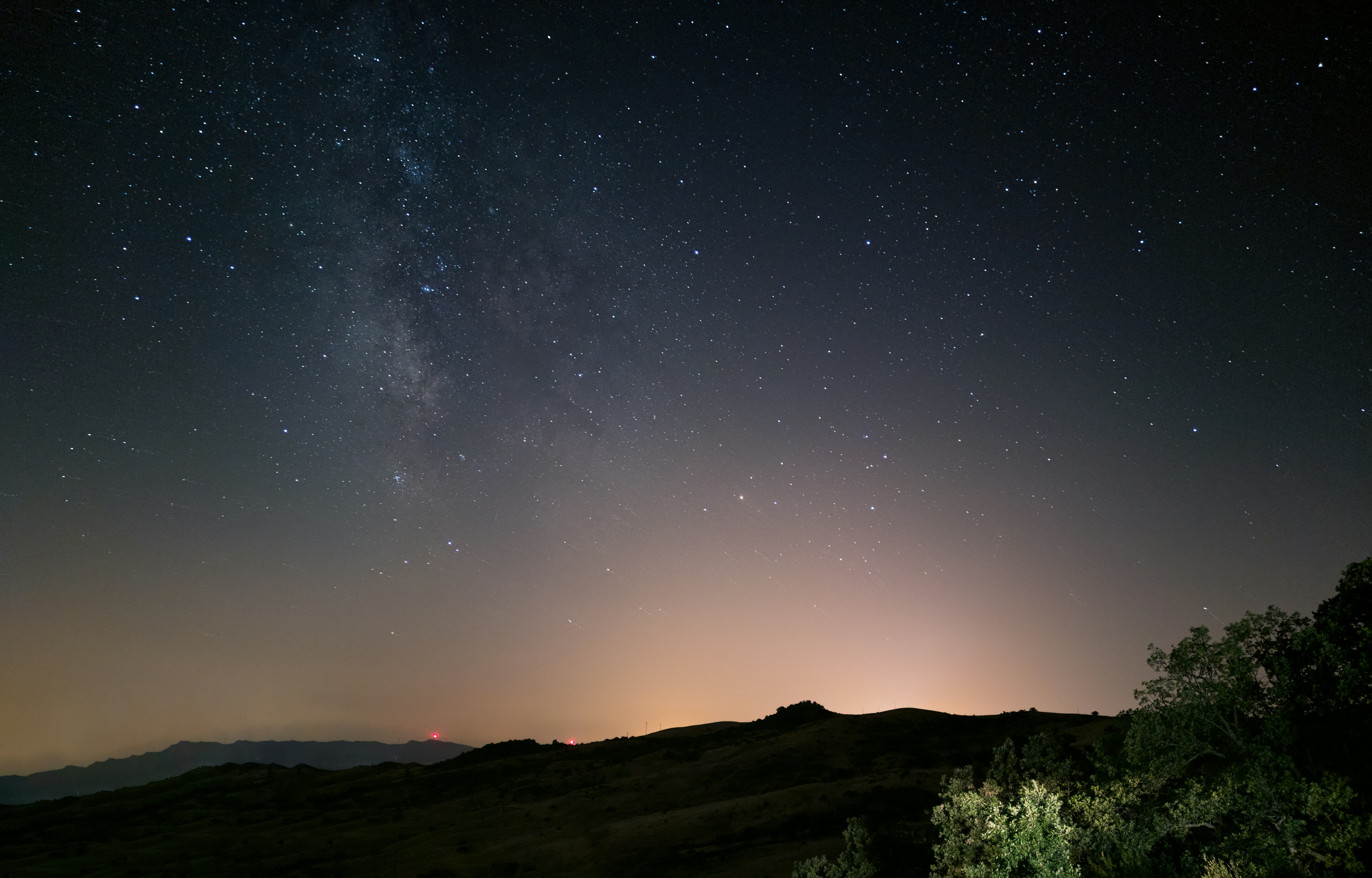 green trees and mountain under starry night